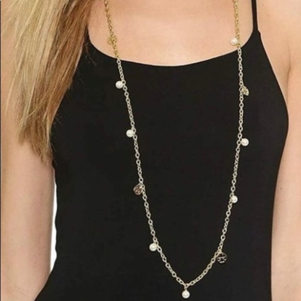 TORY BURCH Pearl Logo Charm Rosary Necklace